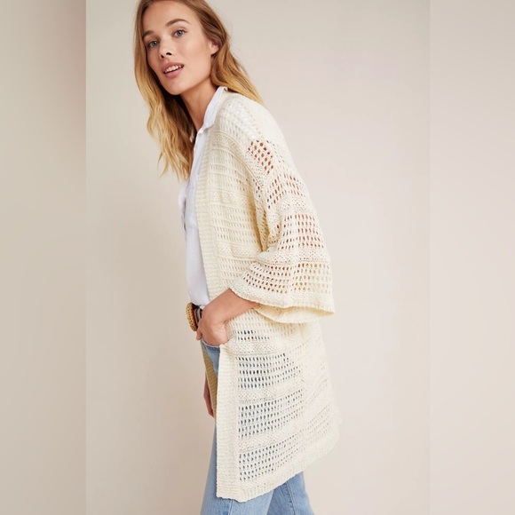 ANTHROPOLOGIE Boho Crochet Open Knit cardigan Sweater Layne Kimono Longline OS - Picture 2 of 10